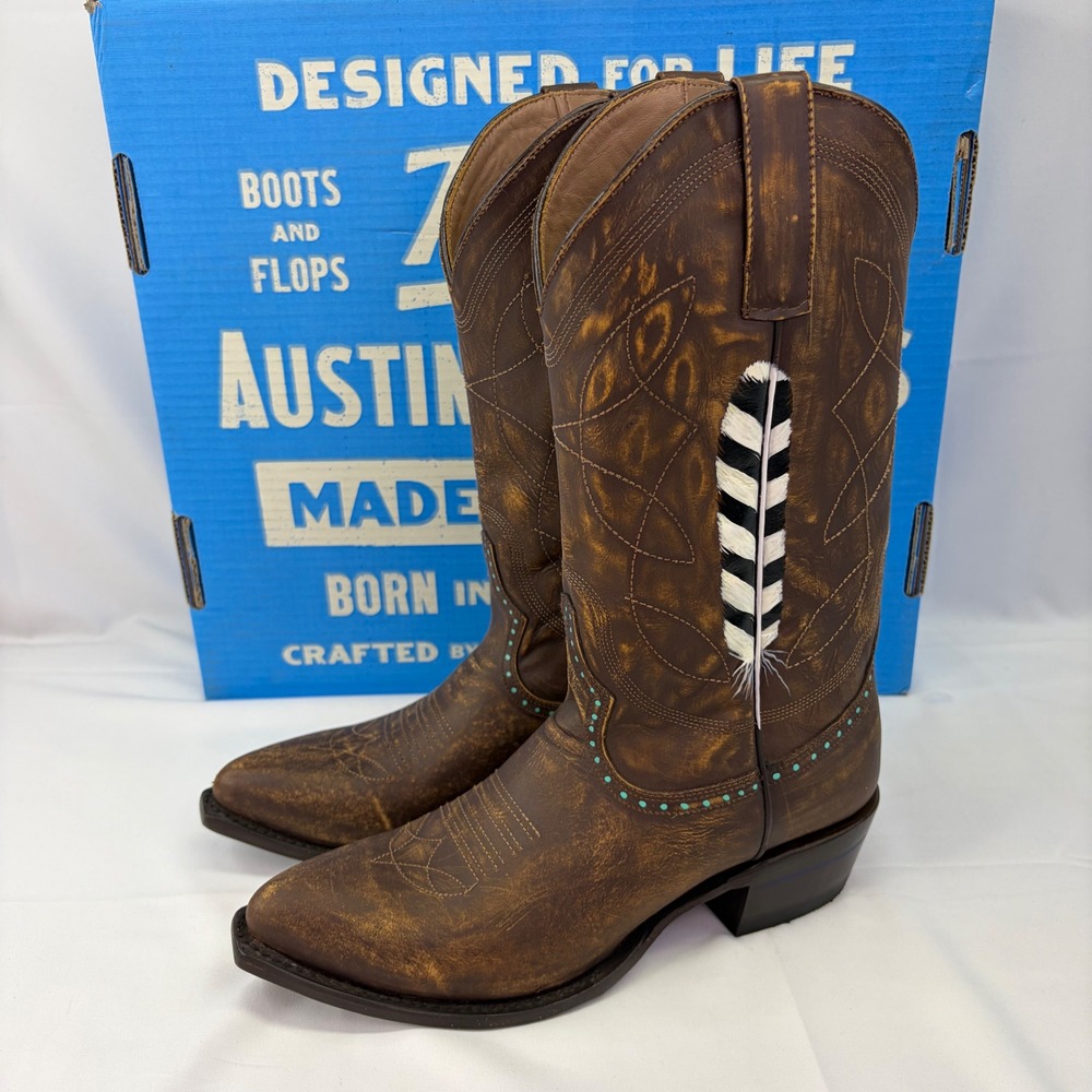 Alvies‎ Western Cowgirl Boots Leather Turquoise Feather Festival Boho Size 11 B